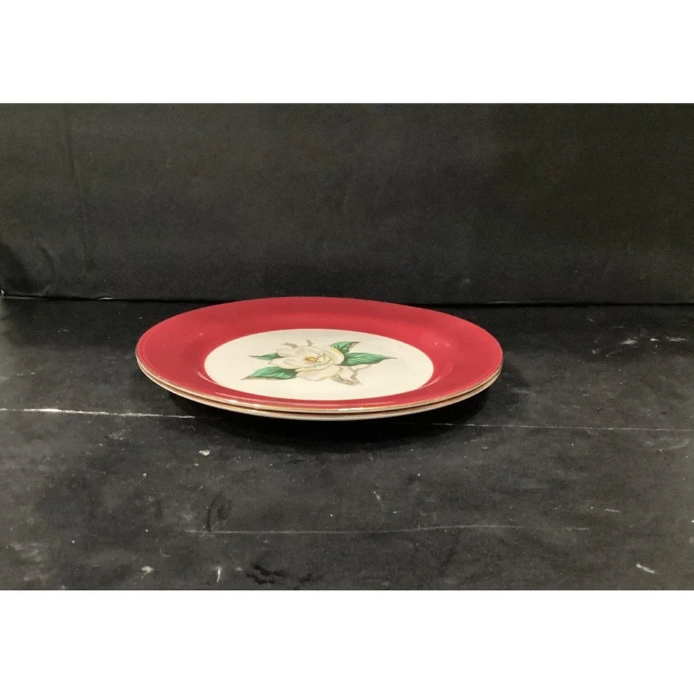 Vintage Homer Laughlin Lifetime China Burgundy 2 Magnolia Dinner Plates 10 1/4